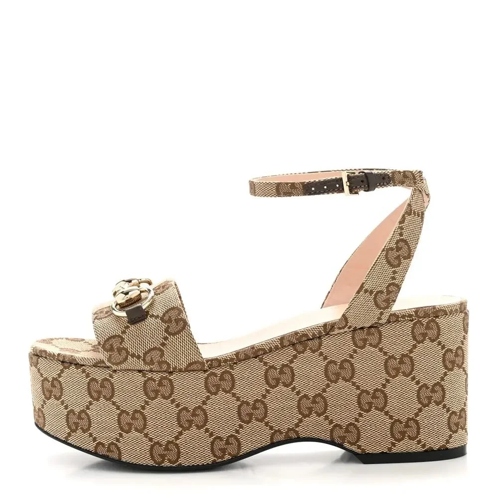 Gucci Monogram Nappa Chalotte Horsebit Ankle Strap Platform Sandals Beige 37.5